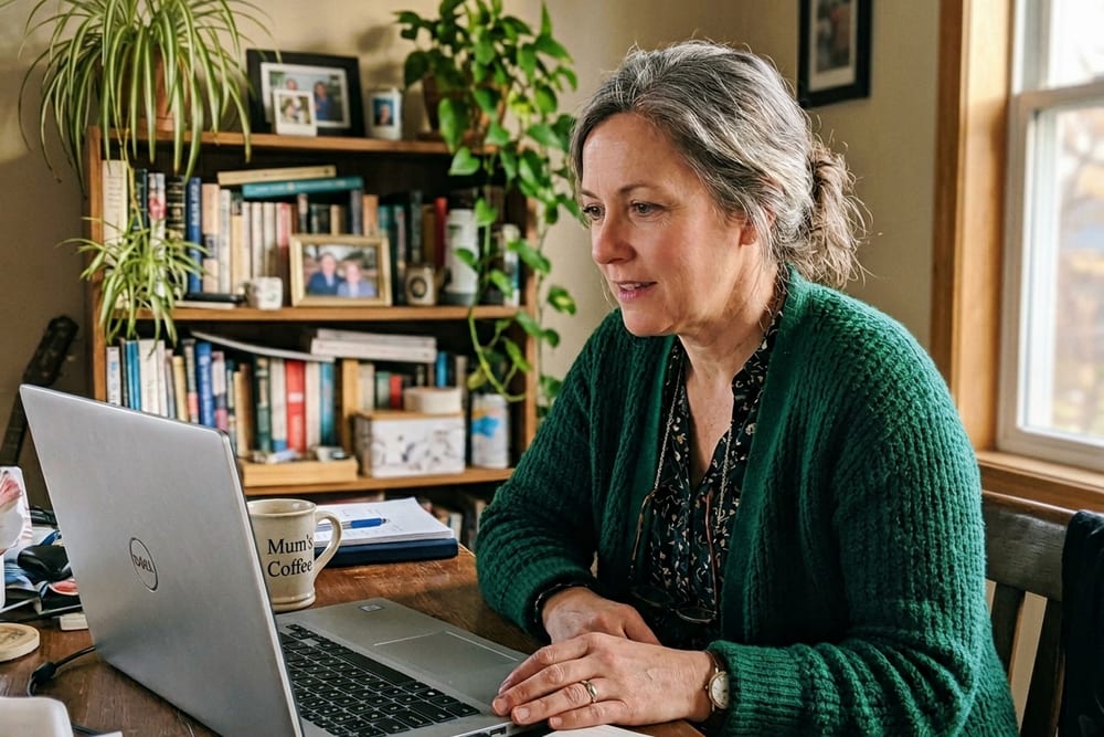 Woman age 50 in deep emerald green cardigan on a telehealth video call on her laptop with a clinician, focused listening expression, in warm afternoon light