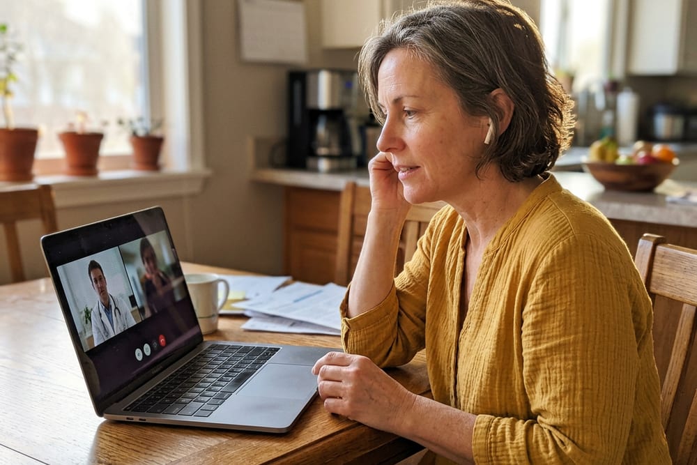 Woman age 52 in mustard yellow blouse on telehealth call with attentive expression listening to clinician