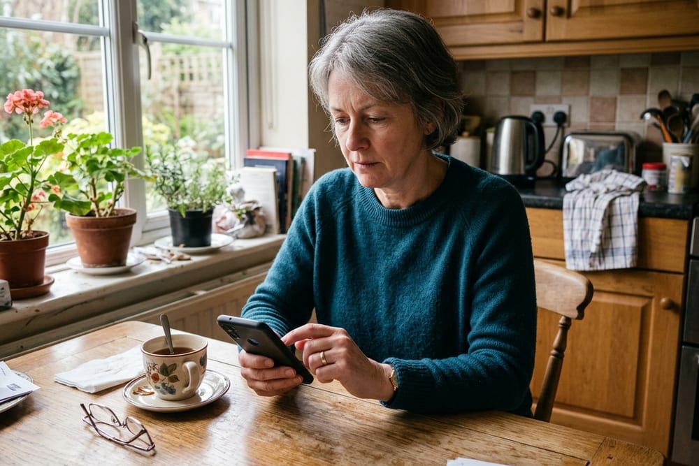 Woman age 54 in a deep teal pullover sitting at her kitchen table scrolling through search results on her phone, half-empty cup of tea beside her, contemplative expression, concerned but composed