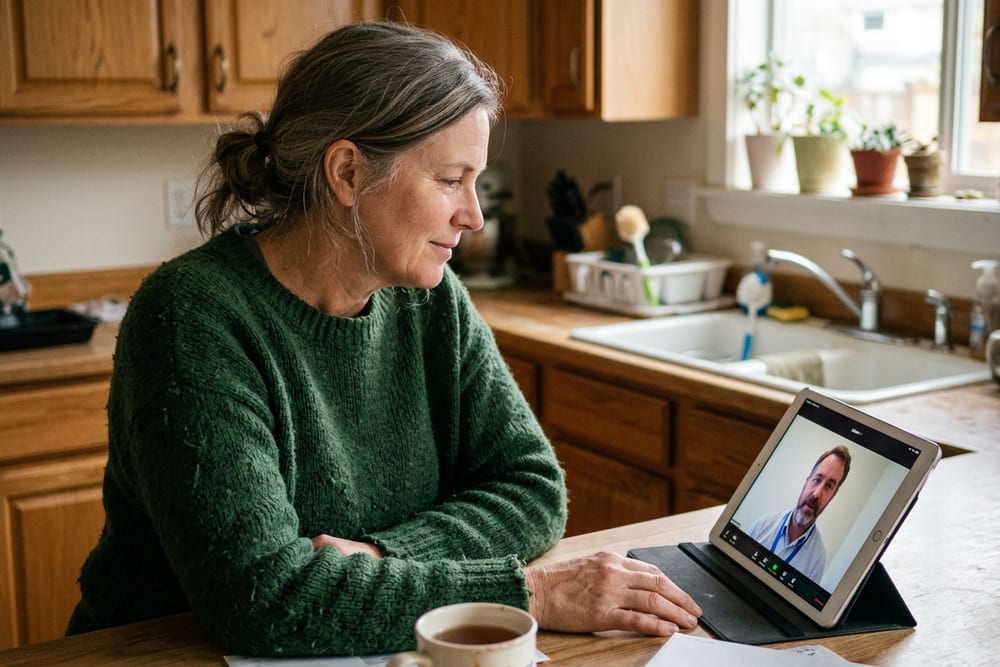 Woman age 55 in a deep forest green knit sweater having a video call on her tablet at her kitchen counter, with a clinician visible on screen, calm listening expression, soft afternoon light