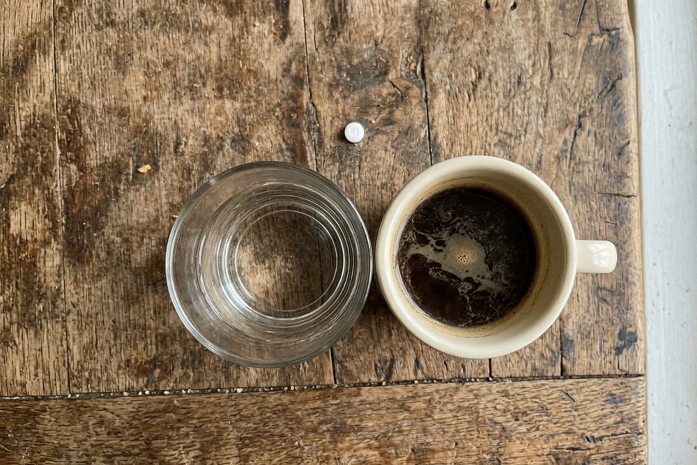 Overhead view of a single round white estrogen pill next to a clear glass of water and a coffee mug on a wooden surface in soft warm morning light