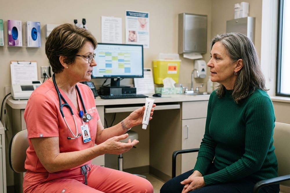 Woman age 52 in deep emerald green sweater in conversation with a female gynecologist in coral pink scrubs reviewing a small unbranded white tube of vaginal cream in a real exam room