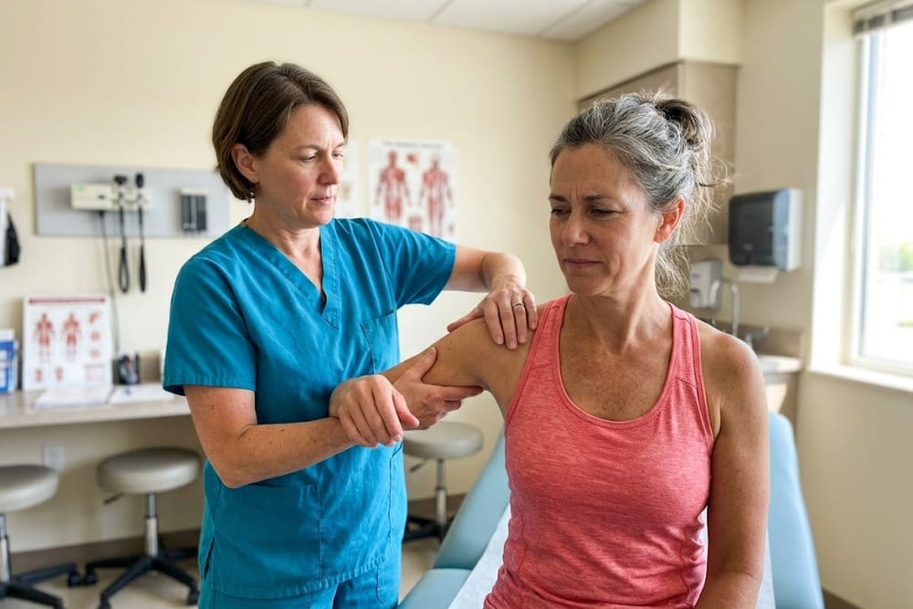 Woman in coral pink workout tank on a clinic exam table while a doctor in saturated teal scrubs gently mobilizes her shoulder joint