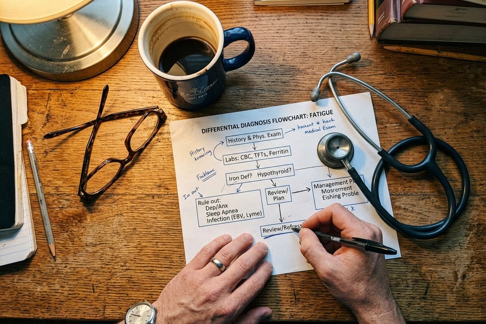 Extreme close-up overhead shot on a wooden desk with a printed differential-diagnosis flowchart, a stainless steel stethoscope, a half-empty navy ceramic coffee mug, and a pair of tortoiseshell glasses