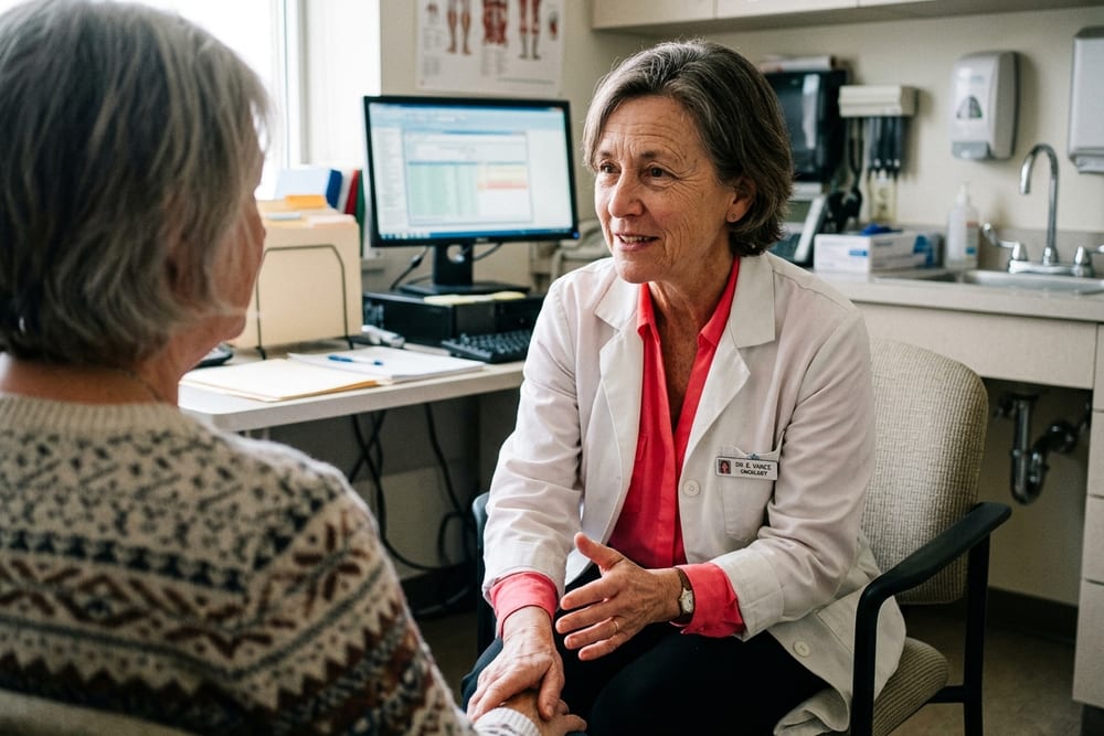 Female oncologist age 55 in white coat over saturated coral pink blouse sitting calmly with patient visible from behind, reassuring conversation moment in exam room daylight
