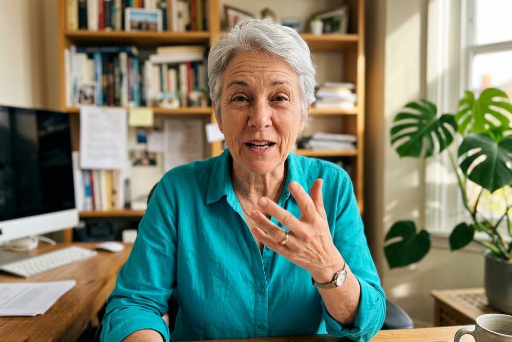 Woman age 55 in a saturated teal blouse speaking to camera in her home office with a demonstrative hand gesture mid-sentence, bookshelf and houseplant in soft focus background, warm window light