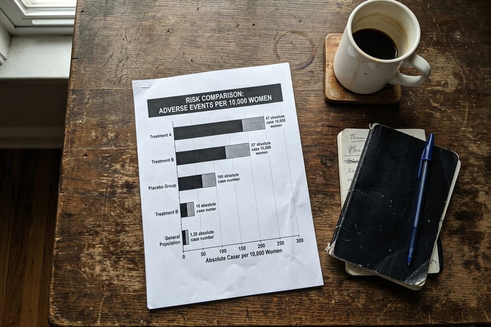 Overhead view of a wooden desk with a printed risk-comparison chart showing absolute case numbers per 10,000 women, a notebook with pen, and a coffee mug