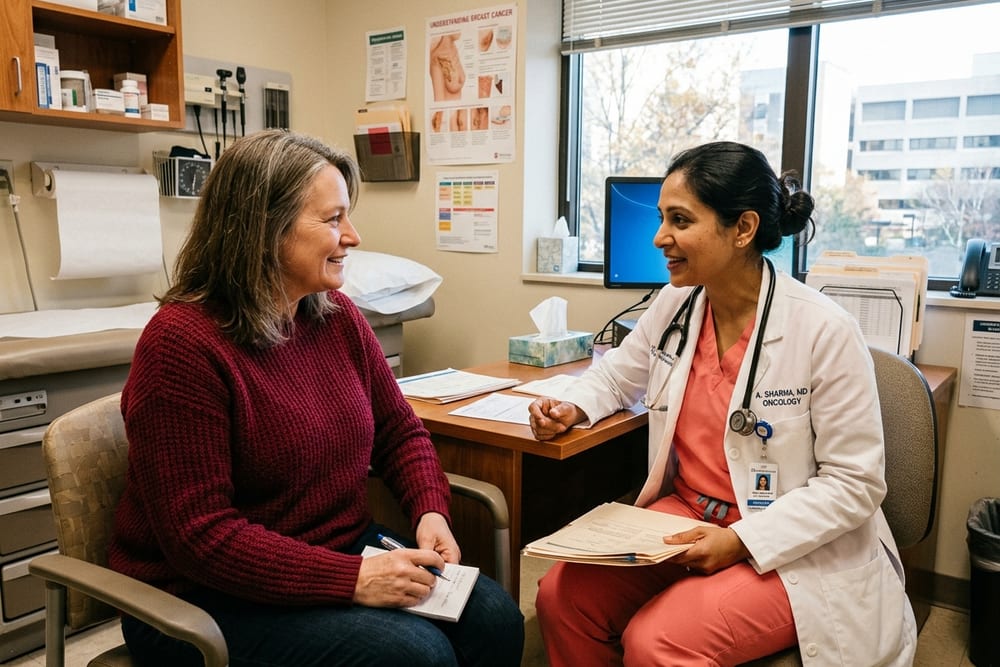 Woman age 50 in burgundy red sweater in conversation with a female oncologist in coral pink scrubs and white coat in a warm exam room