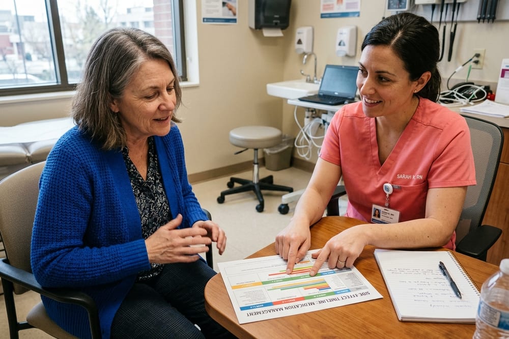 Woman age 51 in saturated cobalt blue cardigan in conversation with a female clinician in coral pink scrubs, both pointing to a printed side-effect timeline document on a desk in an exam room with daylight from a window
