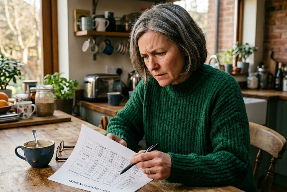 Woman age 49 in deep emerald green chunky knit sweater at her kitchen island reviewing a printed risk-comparison chart with absolute numbers visible, focused expression with brow slightly furrowed, warm afternoon light through window