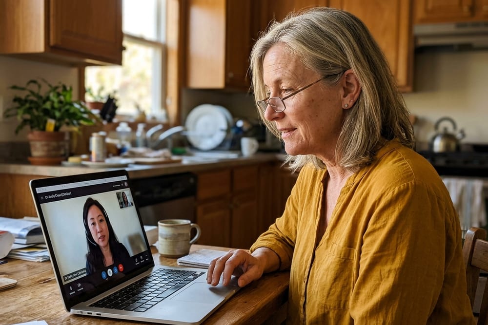 Woman age 52 in deep mustard yellow blouse on a video telehealth call with a clinician visible on her laptop screen, attentive listening expression, kitchen background