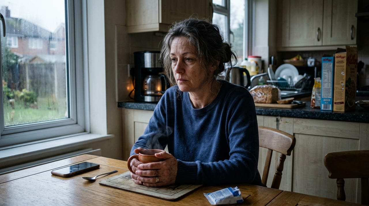 Woman in early HRT — calm but tired, taking the first dose