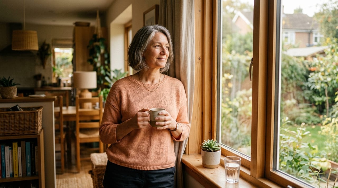Woman in mid-HRT timeline — visibly more rested, working at desk