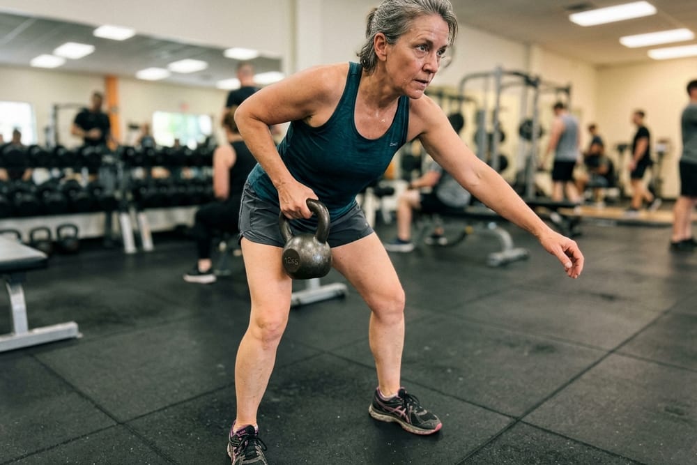 Woman age 53 in dark teal workout top and grey shorts, mid-strength-training motion holding a kettlebell, focused expression, gym in soft focus, sweat visible on brow