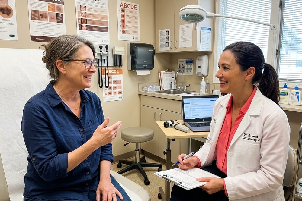 Woman age 51 in deep navy blue button-up shirt at a dermatologist's office in conversation with a female dermatologist in saturated coral pink blouse under white coat in a real exam room