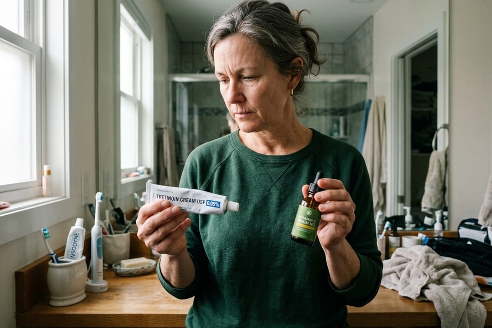 Woman age 50 in deep forest green knit top examining a tube of tretinoin and a vitamin C serum bottle on her bathroom counter deciding which to apply in soft morning bathroom light