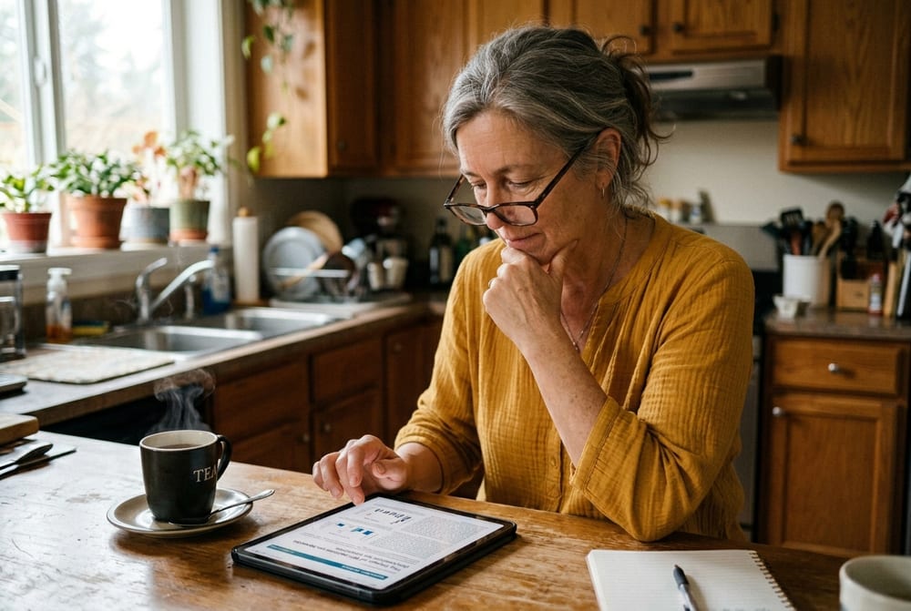 Woman age 50 with reading glasses on the tip of her nose wearing mustard yellow blouse hand resting on chin scrolling on a tablet showing scientific research articles with steaming cup of tea on counter beside her