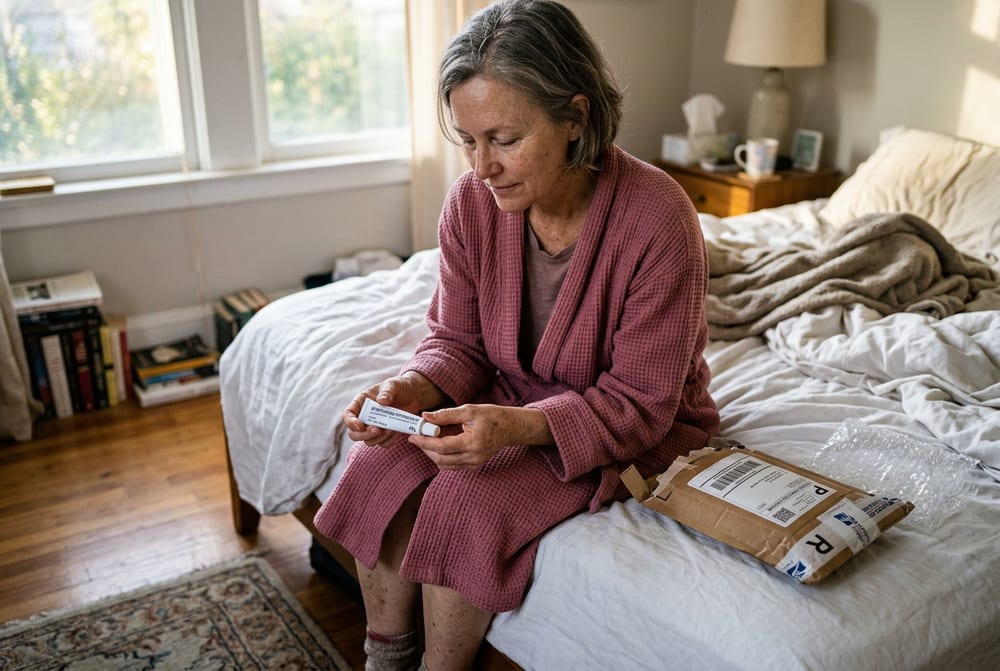 Woman age 52 in deep dusty rose pink robe sitting on edge of bed in early morning light looking at small white prescription cream tube she has just unwrapped from a small mailer package with shipping box visible nearby