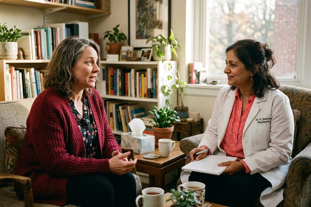 Woman age 49 in saturated burgundy red cardigan in conversation with a female psychiatrist in coral pink blouse and white coat at a small therapy office in warm afternoon light