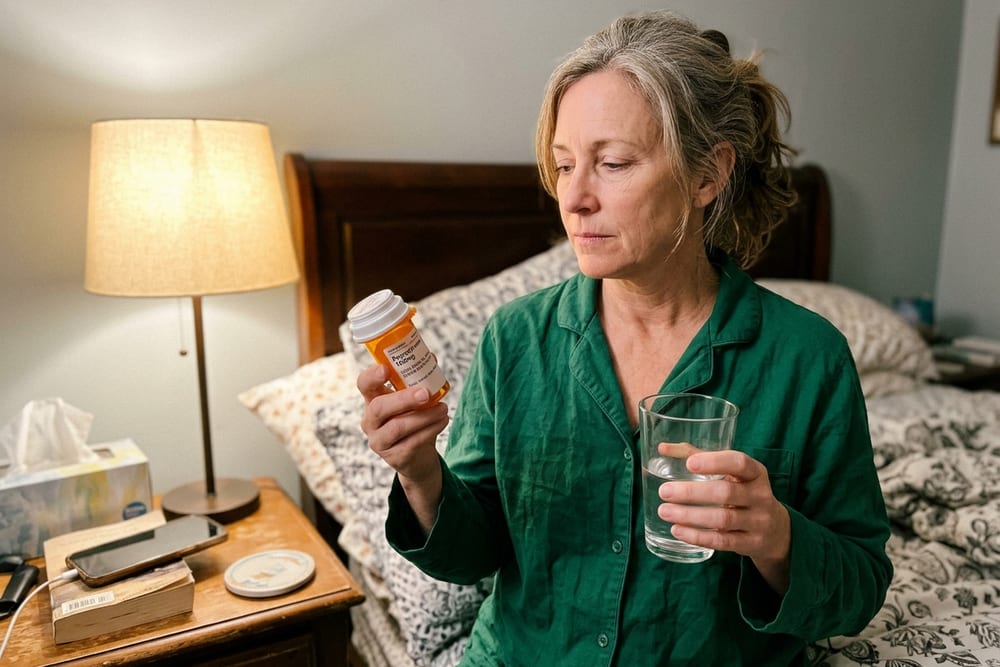 Woman age 50 in deep emerald green pajama top holding a Prometrium pill bottle and a glass of water on her bedside table at night