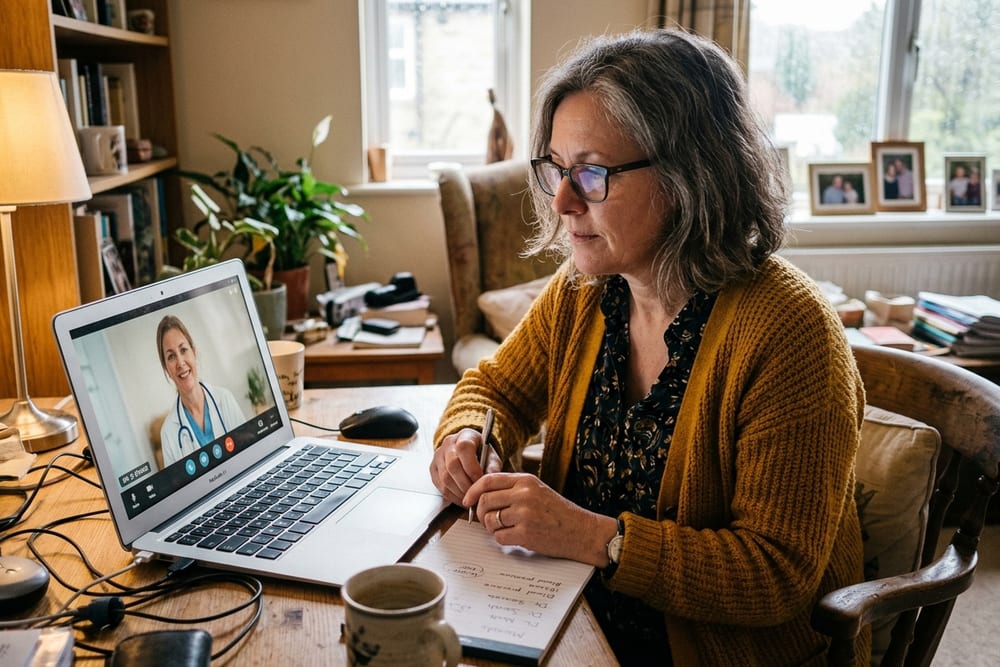 Woman age 51 in mustard yellow cardigan on telehealth call with clinician with attentive expression