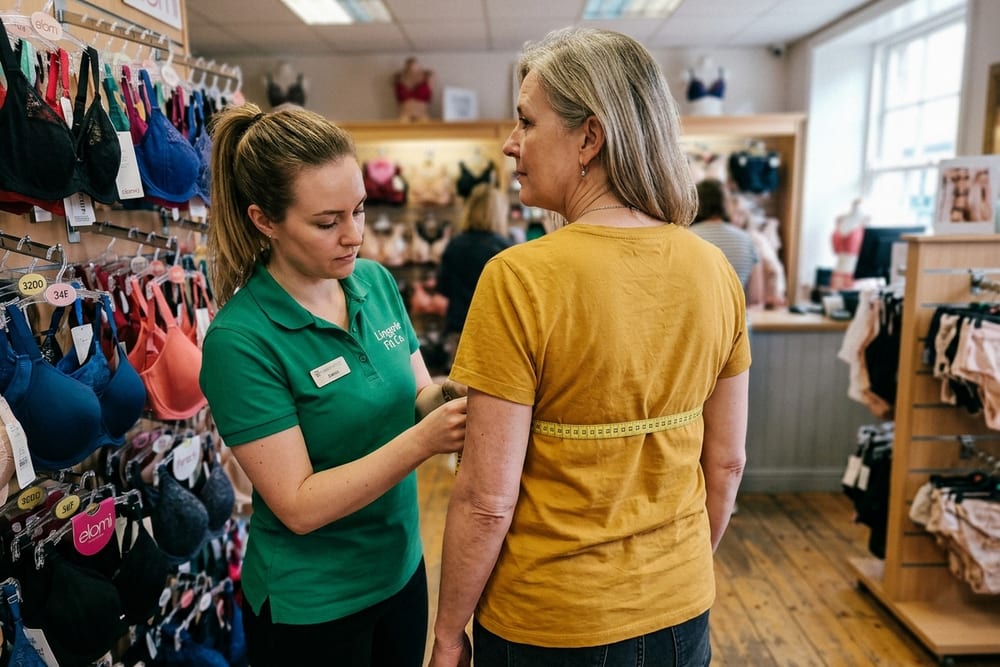 Woman age 50 in deep mustard yellow t-shirt being fitted for a supportive bra by a female fitter in emerald green polo at a lingerie boutique, soft tape measure across the back, modest framing customer fully clothed