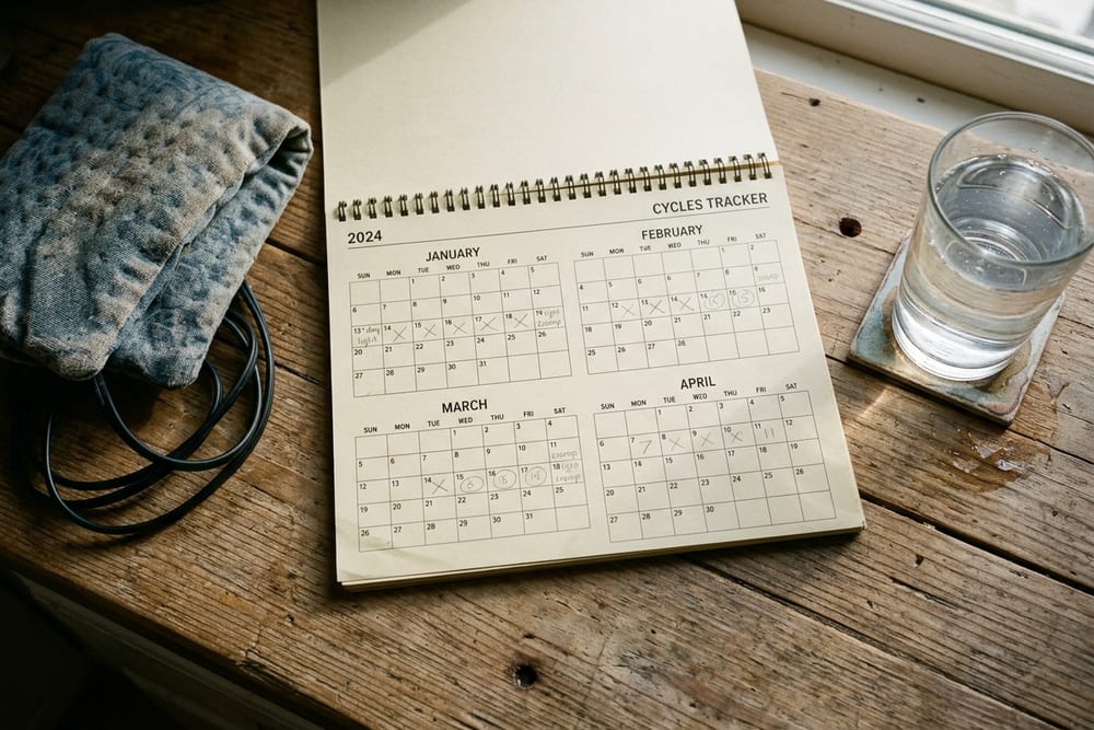Overhead view of a kitchen counter with a paper desk calendar showing four months of empty cycle days with light pencil marks, a folded heating pad, and a glass of water on weathered wood in directional afternoon light