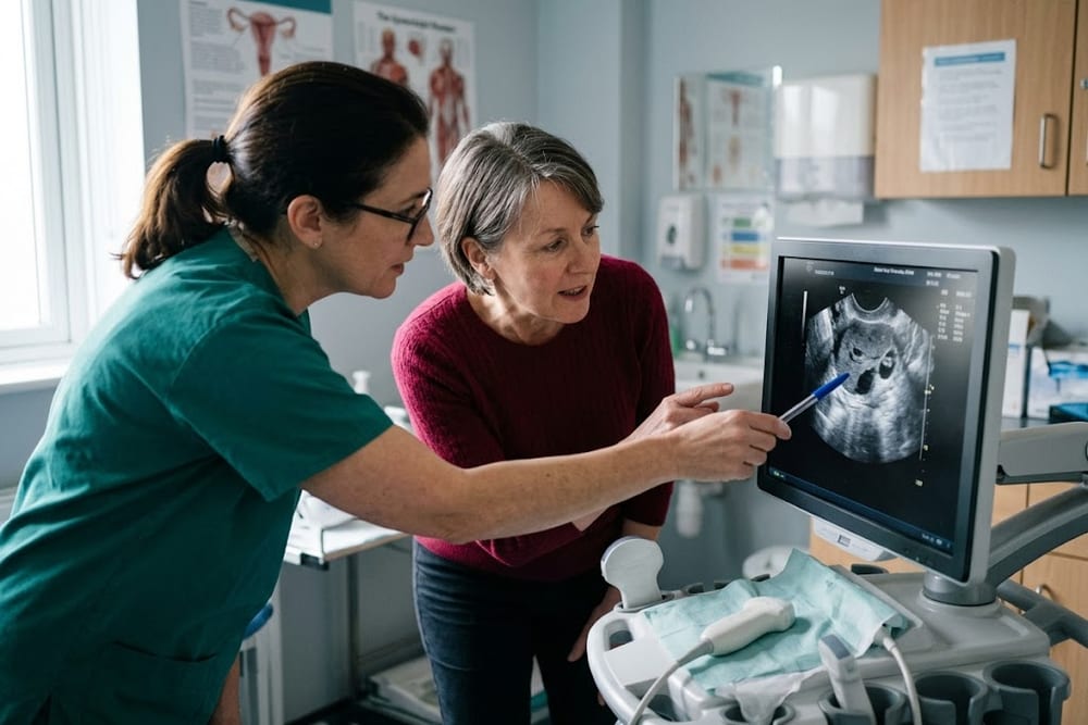 Woman age 50 in saturated burgundy red top in conversation with a female gynecologist in deep teal scrubs reviewing a transvaginal ultrasound image on a screen in an exam room