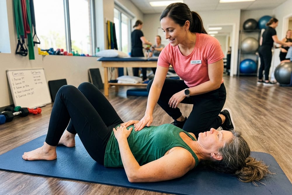 Woman age 49 in deep emerald green workout top doing pelvic floor exercises on a mat with a female physical therapist in coral pink top kneeling beside her giving instruction in a clinic