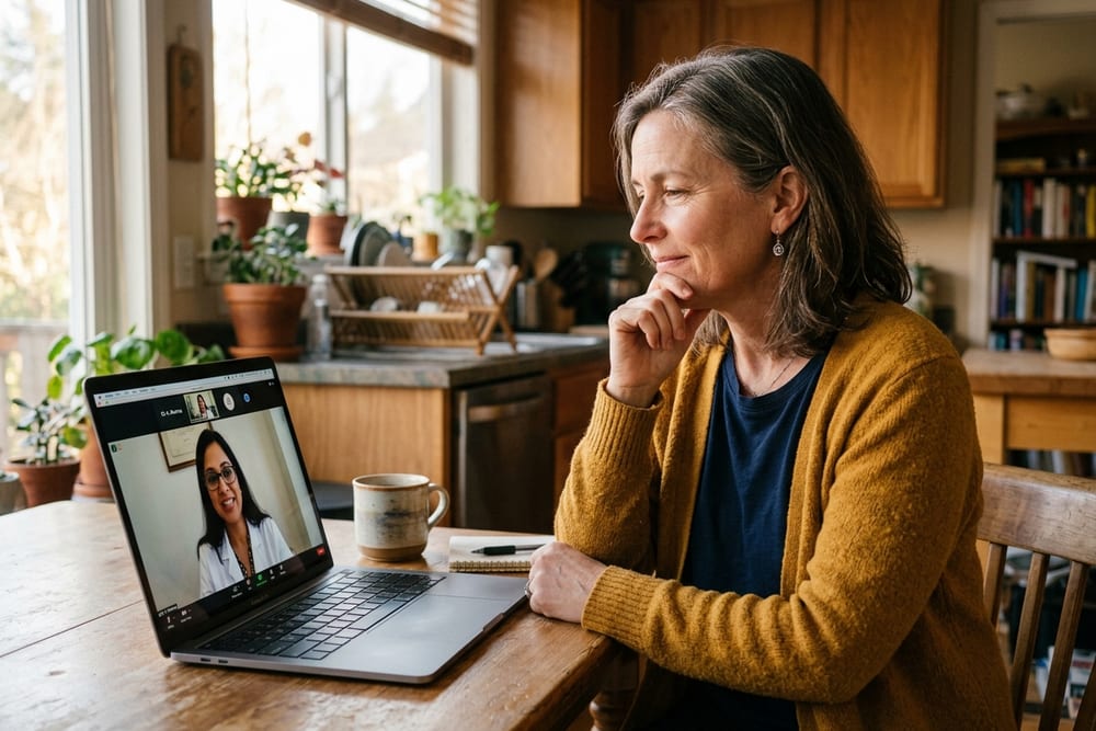 Woman age 52 in a deep mustard yellow cardigan on a telehealth video call with a clinician visible on her laptop screen, attentive expression with hand on chin in warm afternoon kitchen light