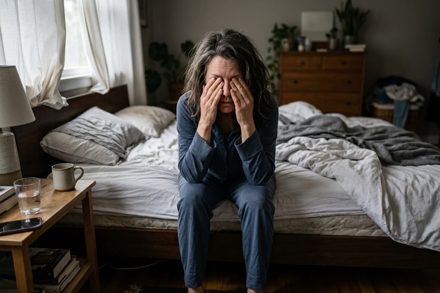 Woman age 49 in deep slate blue pajamas sitting on the edge of her bed at dawn, both hands rubbing her eyes, deep-rooted exhausted expression