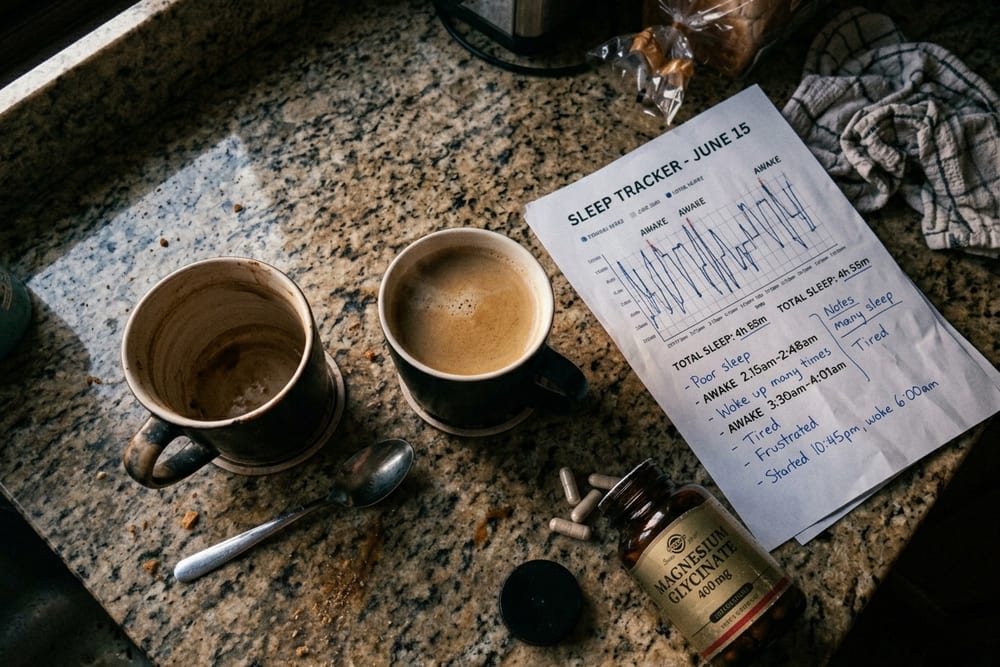 Overhead view of a kitchen counter at 6am with two coffee cups, a magnesium bottle, and a printed sleep tracker showing fragmented sleep