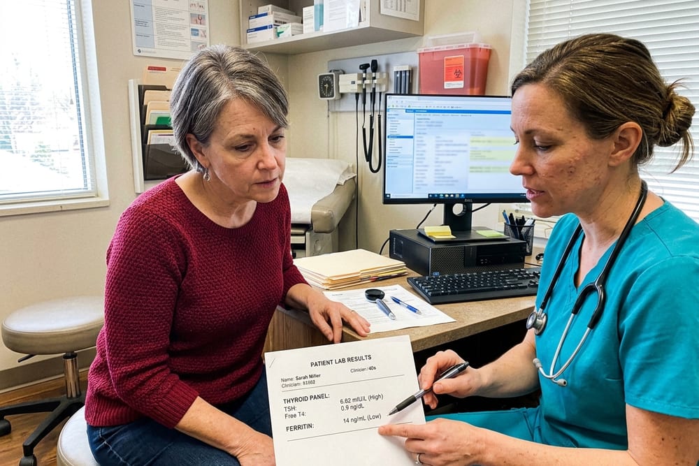 Woman age 50 in burgundy red top sitting at her doctor's office reviewing lab results showing thyroid and ferritin numbers with a female clinician in teal scrubs