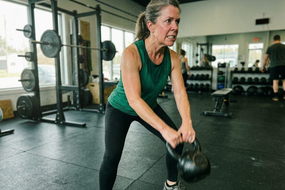 Woman age 51 in deep emerald green workout top doing strength training with a kettlebell, focused tired-but-pushing expression, gym morning light