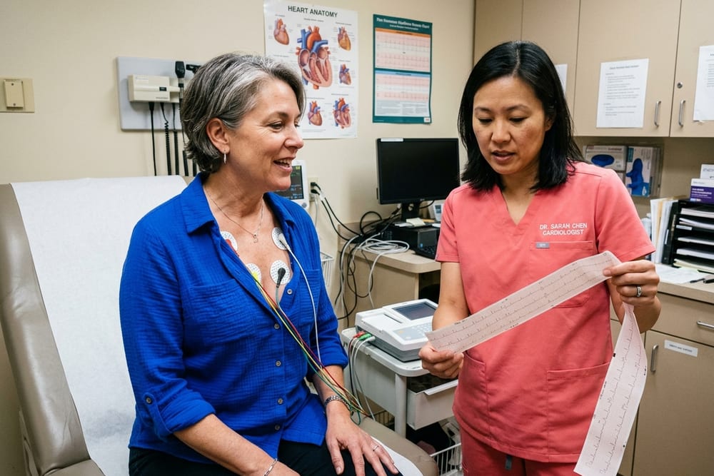 Woman age 51 in saturated cobalt blue button-up at a doctor's exam having an ECG, female cardiologist in coral pink scrubs reviewing the strip