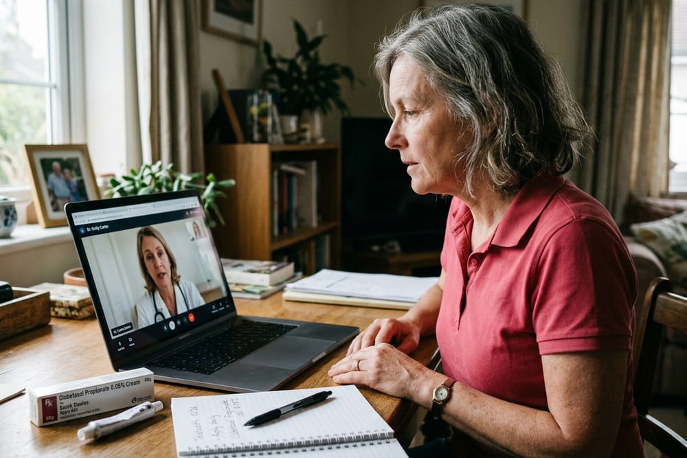 Woman age 48 in soft beige top on a telehealth video call with a female clinician on her laptop, calm engaged expression, soft afternoon kitchen light