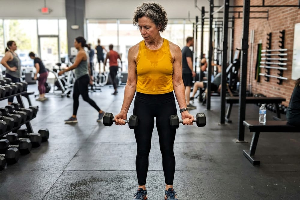 Woman age 52 in saturated mustard yellow gym top doing slow strength training with light dumbbells with focused expression in gym morning light