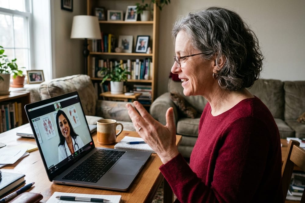 Woman age 50 in deep cranberry red top on telehealth video call with clinician on laptop mid-conversation hand gesture