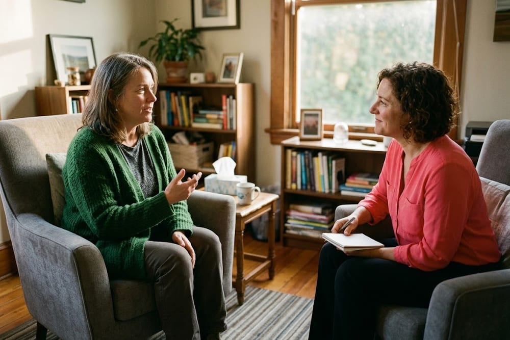 Woman age 48 in deep teal cardigan on a telehealth call with a clinician on her laptop, mid-conversation expression, soft afternoon kitchen light