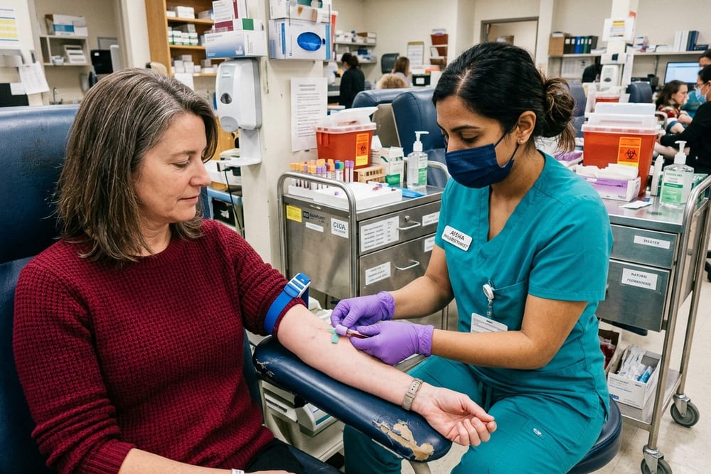 Woman age 49 in saturated burgundy red sweater having blood drawn at a lab by a phlebotomist in saturated teal scrubs in a real clinic scene