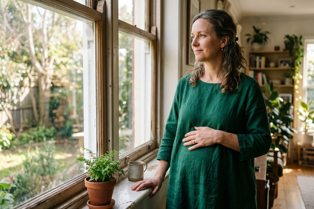 Woman age 43 in deep emerald green dress with hand on her stomach and slight smile in reflective window light