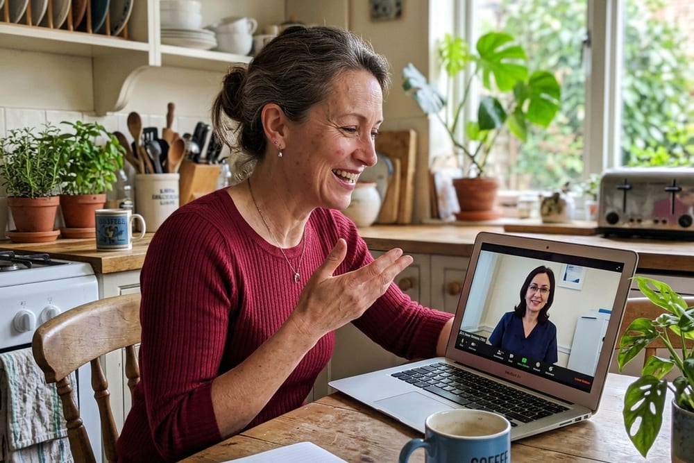 Woman age 46 in deep cranberry red top on a video telehealth call with a clinician visible on her laptop, mid-conversation