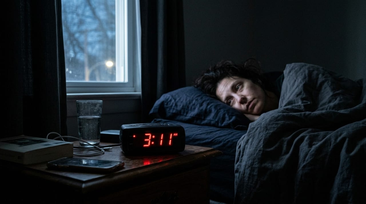 Bedside clock reading 3:14 AM with the lamp still off