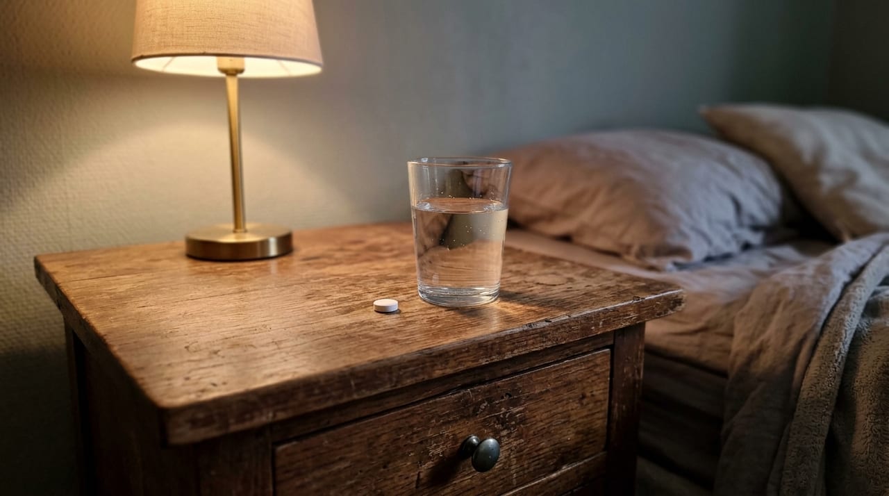 Oral micronized progesterone capsule on a nightstand at bedtime