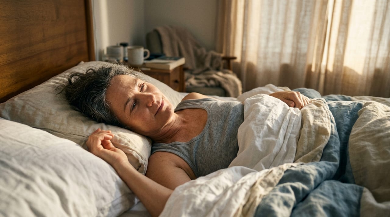 Calm bedroom with light coming through curtains — restored sleep after starting bedtime progesterone