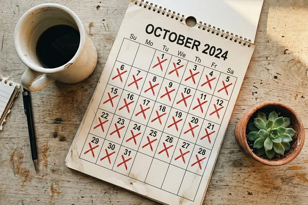 Woman age 50 in soft sage green knit cardigan sitting at her kitchen table with a paper symptom-tracker calendar in front of her, marking off days, calm thoughtful expression, morning sunlight