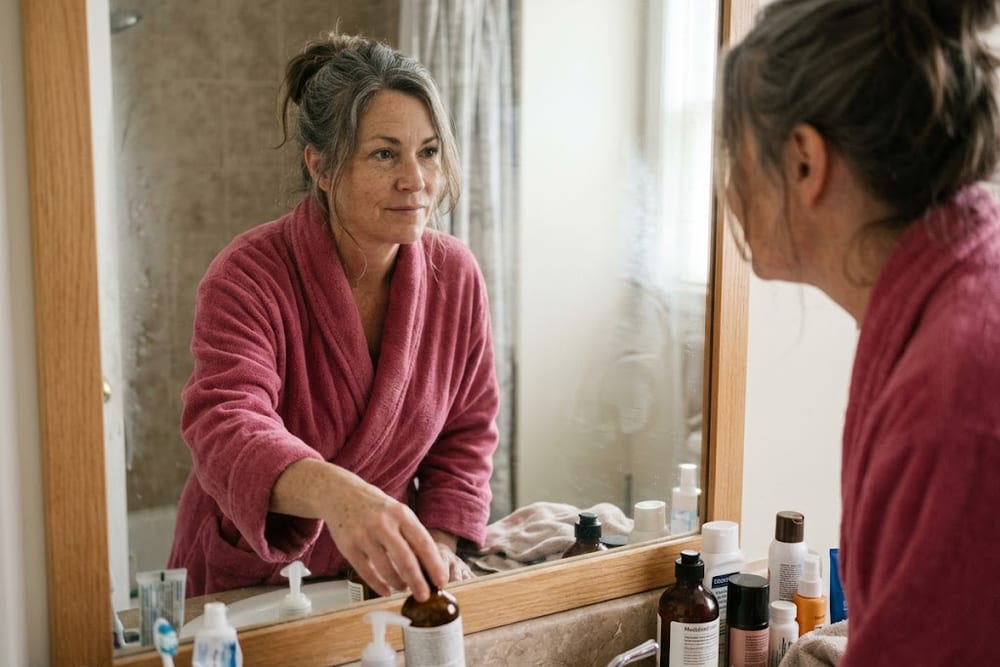Woman in a deep rose pink robe at her bathroom mirror with a confident hint of a smile reaching for a bottle on the counter in soft mid-morning light