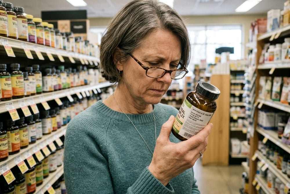 Woman in a health-food store aisle reading a supplement bottle's certificate of analysis label closely with reading glasses pulled to her nose
