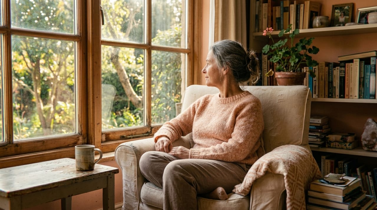 Calm midlife woman with discreet morning light — relief from GSM after starting treatment