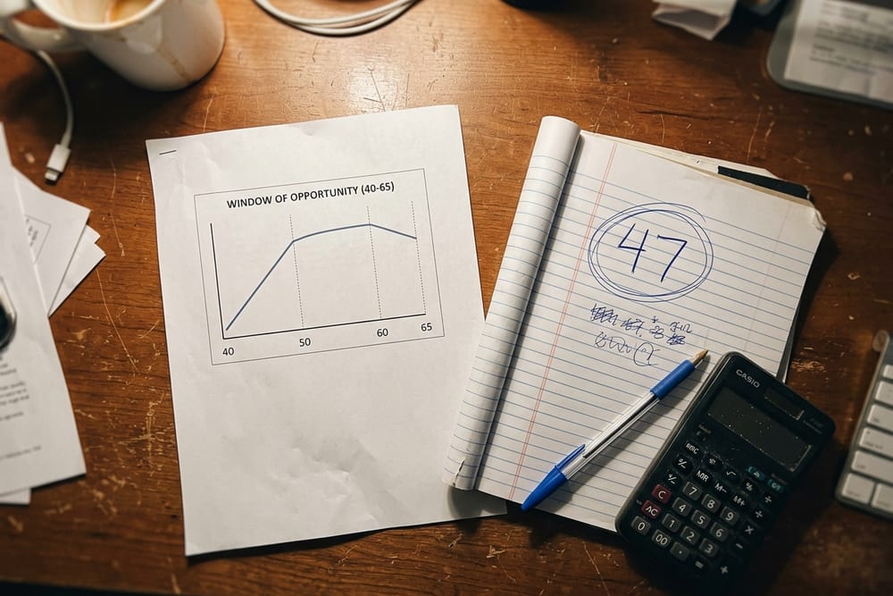 Overhead view of a desk with a printed window-of-opportunity diagram showing age 40 to 65, a calculator, and a notebook with the number 47 circled in handwriting, in soft warm light
